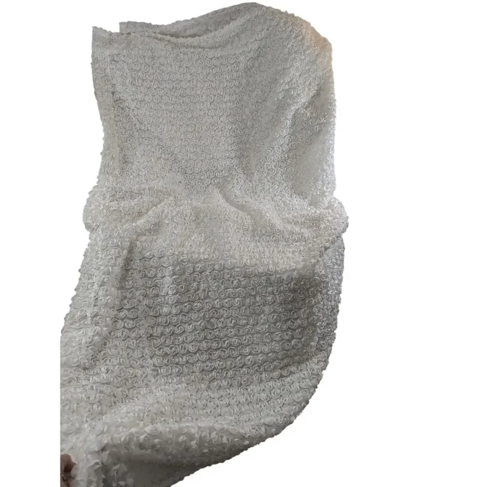 LUSH DECOR! CREAM RIBBON EMBROIDERED POUFY ROSETTES PLUSH SHOWER CURTAIN!